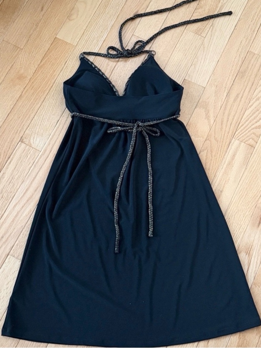 Guess Black Halter Mini Dress | Gold Trim | Backless Empire Waist | Size S - Picture 3 of 5